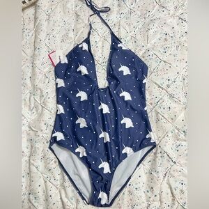 NWT PatPats Unicorn Print Blue and White Womens XL One Piece Swimwear
